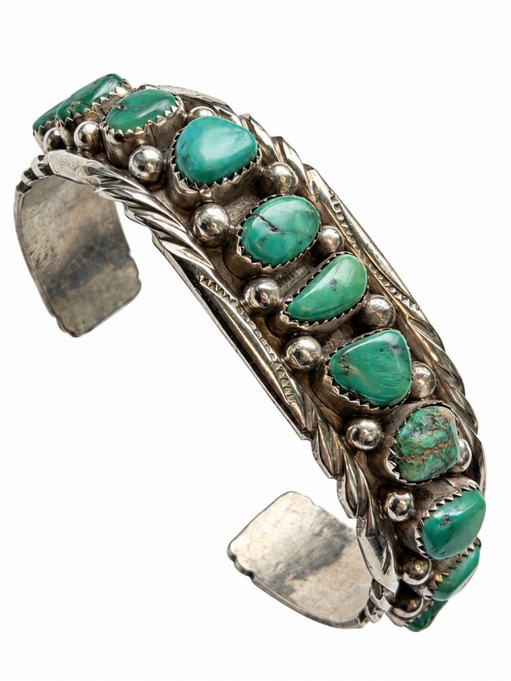 Vintage Southwestern Turquoise and Sterling Cluster Cuff Bracelet